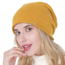 (Yellow) Korean Women Double Layer Knitted Slouchy Beanie Hat Simple Solid Color Metal Logo Decor Hip Hop Stretch Skullies Cap Ear Warmer Yellow