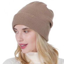 (Khaki) Korean Women Double Layer Knitted Slouchy Beanie Hat Simple Solid Color Metal Logo Decor Hip Hop Stretch Skullies Cap Ear Warmer Yellow