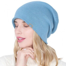 (Blue) Korean Women Double Layer Knitted Slouchy Beanie Hat Simple Solid Color Metal Logo Decor Hip Hop Stretch Skullies Cap Ear Warmer Yellow
