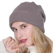 (LCF) Korean Women Double Layer Knitted Slouchy Beanie Hat Simple Solid Color Metal Logo Decor Hip Hop Stretch Skullies Cap Ear Warmer Yellow