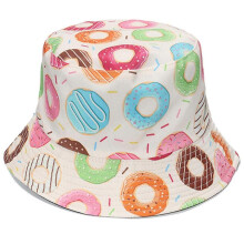(C) Cute Patterned Bucket Hat Foldable Fisherman Hat Fashion Beach Sunhat Wide Brim Flat Top Hat for Adults Women Girls E