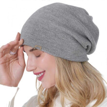 (Light Gray) Korean Women Double Layer Knitted Slouchy Beanie Hat Simple Solid Color Metal Logo Decor Hip Hop Stretch Skullies Cap Ear Warmer Yellow
