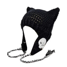 (Black Cat Ear Hat Br) Knitted Beanie Hat for Women Harajuku Style Cat Ear Hat Handmade Crochet Hat Fashion Y2K Skull Hat Winter Warm Headwear