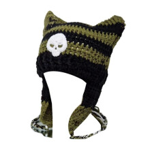 (Black and green stri) Knitted Beanie Hat for Women Harajuku Style Cat Ear Hat Handmade Crochet Hat Fashion Y2K Skull Hat Winter Warm Headwear