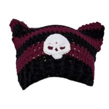 (Black and red stripe) Knitted Beanie Hat for Women Harajuku Style Cat Ear Hat Handmade Crochet Hat Fashion Y2K Skull Hat Winter Warm Headwear