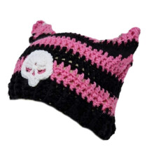 (Black and pink cat e) Knitted Beanie Hat for Women Harajuku Style Cat Ear Hat Handmade Crochet Hat Fashion Y2K Skull Hat Winter Warm Headwear