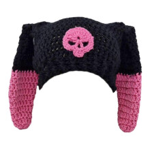 (Black and pink stitc) Knitted Beanie Hat for Women Harajuku Style Cat Ear Hat Handmade Crochet Hat Fashion Y2K Skull Hat Winter Warm Headwear