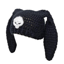 (Black bunny ears whi) Knitted Beanie Hat for Women Harajuku Style Cat Ear Hat Handmade Crochet Hat Fashion Y2K Skull Hat Winter Warm Headwear