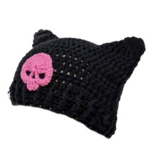 (Black cat ear hat pi) Knitted Beanie Hat for Women Harajuku Style Cat Ear Hat Handmade Crochet Hat Fashion Y2K Skull Hat Winter Warm Headwear