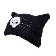 (Black cat ear hat wh) Knitted Beanie Hat for Women Harajuku Style Cat Ear Hat Handmade Crochet Hat Fashion Y2K Skull Hat Winter Warm Headwear