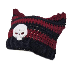 (black and red stripe) Knitted Beanie Hat for Women Harajuku Style Cat Ear Hat Handmade Crochet Hat Fashion Y2K Skull Hat Winter Warm Headwear