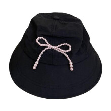 (Black) Pearl Bowknot Fisherman Hat for Girl Summer Foldbale Baseball Hat Fashion Spring Sun Hat for Women Outdoor Activity White
