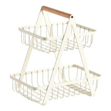 Rechthoekige fruitschaal met handvat van natuurlijk hout voor draagbaarheid, gemakkelijk schoon te maken en veelzijdig. Hoogwaardig roestvrij frame