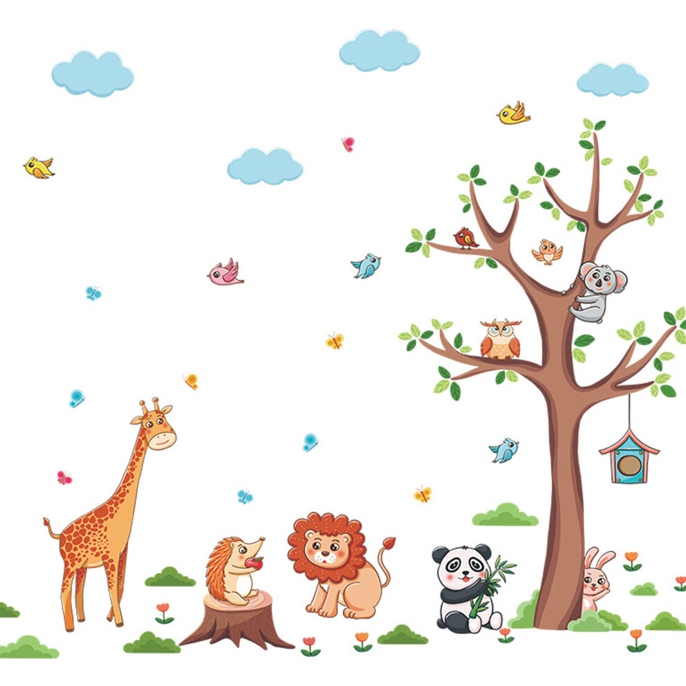 Jungle Animals Wall Stickers with Giraffe, Lion, Panda, Hedgehog, Owl, Rabbit and Bird - Safari Tree Wall Decals for Baby Nursery, Kids Bedroom and Li