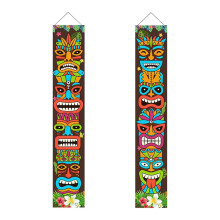 Painter of the front  Tiki totem poles with tropical palm leaves, bright festive decor  Hanging wall decoration for garden, window display