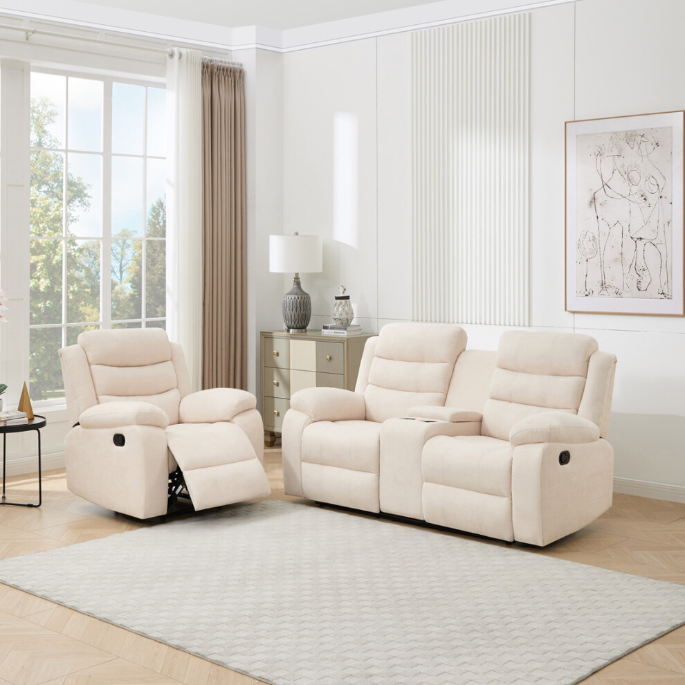 More4homes (1+2 Seater, Beige) Boston 1+2 W Console Manual Fabric Recliner W Drinks Console Sofa Set Cream