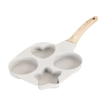 Nonstick Frying Pan 4Cup Egg Pan with Wooden Handle Omelette Skillet Non Stick Divided for Burgers Pancake Plett Hamburger, Beige