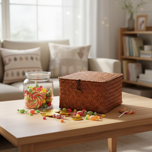 Sustainable Wicker Organizer Basket With Cover For Snacks-M 1