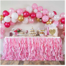 Gonna da tavolo rosa a doppio strato, soffice e vaporosa, elegante design a balze ricce con motivo a salice lucido per tavolo da 180 cm.