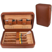 Travel Cigar Case with Humidifier, Cedar Wood Lining Removable Cedar Wood Tray Elegant Portable Travel-Friendly Construction, Brown Leather Exterior B