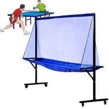 Table Tennis Ball Catch Net with Wheels Ball Collector and Side Fence, Practice Net Attaches to Ping Pong Table for Ping Pong Robots (Blue)