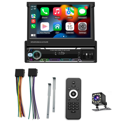 Autoradio Single Din da 7 pollici con Android Auto e compatibilità wireless, pieghevole manualmente.