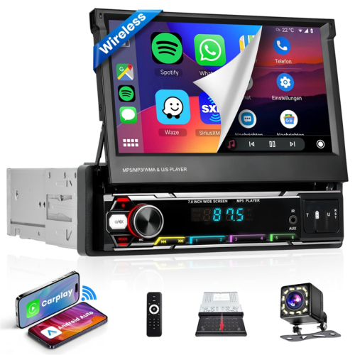 Autoradio Single Din da 7 pollici con Android Auto e compatibilità wireless, pieghevole manualmente. 2
