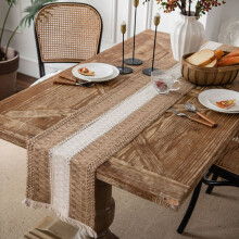 Față de masă rustică cu ciucuri, fațadă de masă rustică cu dungi albe și negre, design țesut manual pentru decor rustic boem de nuntă,