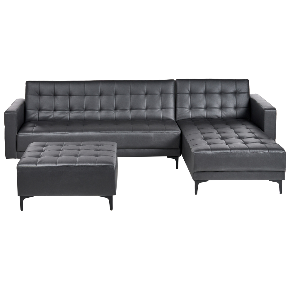 Modular Corner Sofa Bed 4 Seater ABERDEEN Faux Leather Black with Ottoman Left Hand