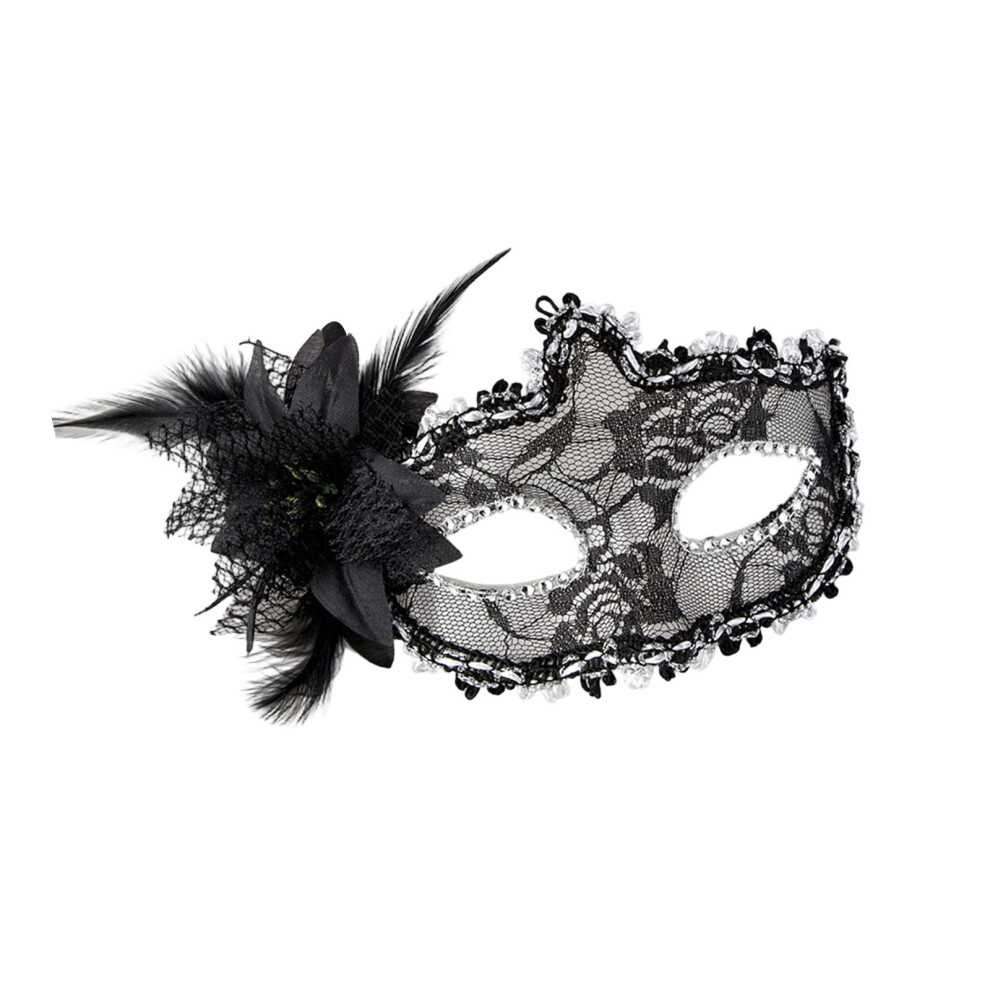 Elegant Half Face Mask with Delicate Laces and Flowers-Black