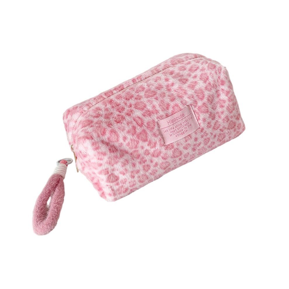 Pink Stylish Leopard Pattern Plush Hand Carry Cosmetic