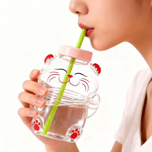 Leak Proof Glass Straw Cup Bear Theme Travel Friendly- 1 2 1