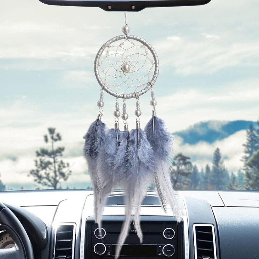 Crystal Beads Dream Catcher For Living Room, Handmade Craft With Boho Elegance And Feather, Nursery Decor For Sweet Dreams, Car Rear View White 9190834265148