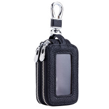 Husă cheie auto, husă universală din piele naturală cu fereastră transparentă și închidere cu fermoar, husă de protecție dublă cu cârlig