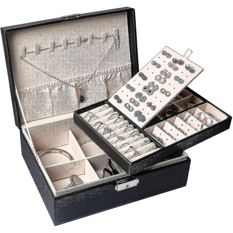 Two Layers Jewelry Organizer Box, Necklace Hooks Storage Case With Lock Closure, Pu Leather Display Box Featuring Earring Storage And Removable Tray, Light 9190834269474