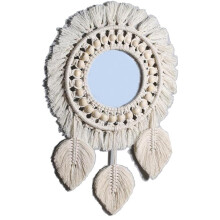 Boho Wall Mirror, Hanging Wall Mirror with Macrame Fringe and Beaded Details, Artisan Round Mirror for Living Room Bedroom Decor, Wall Decor Mirror