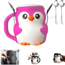 Pebbles The Penguin Ice Cream Holder, Pepples 3D Printed Ice Cover, Reusable Penguin Figure Pin Holder with Spoon (Pink)