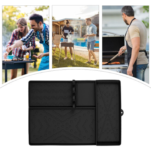 Barbecue Grill Mat  Heat Resistant Silicone Protector Drip Pad, Tools Holder Black 2