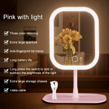 (Pink) LED Makeup Mirror with Lights, Portable Folding Touch Control Vanity Lighting - 3 Light Modes for Cosmetics,