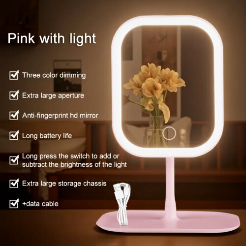 (Pink) LED Makeup Mirror with Lights, Portable Folding Touch Control Vanity Lighting - 3 Light Modes for Cosmetics,