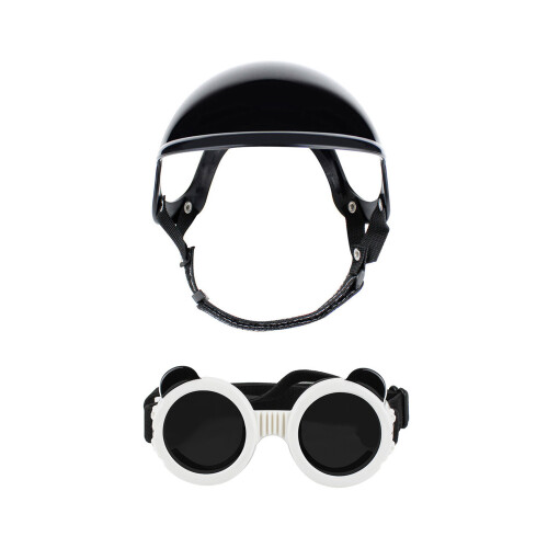 Pet Motorcycles Helmet and Goggles Set With Soft-black white