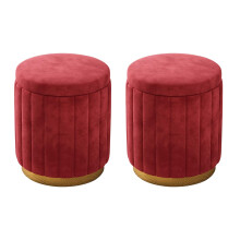 Round storage ottoman, 2piece set padded stools with metal base, modern stools for bedroom, living room, home faux furniture (2piece set, red)