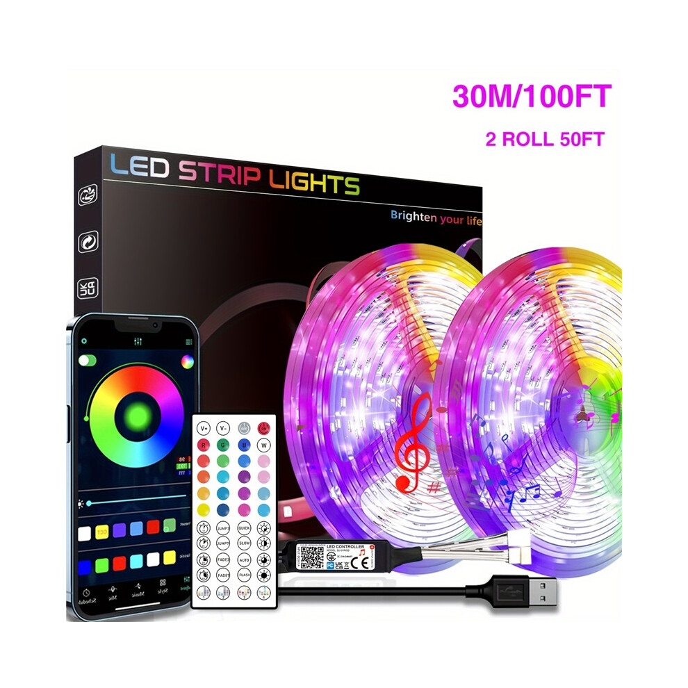 (30M/100Ft) Led S For Bedroom, 91.44Cm-30.48Meter Smart App Control Music Sync Color Changing Strip S With Remote And Light