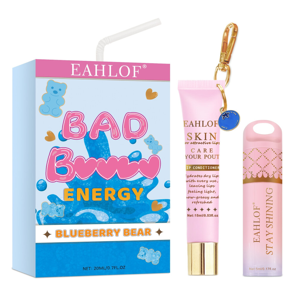 (BLUEBERRY BEAR) 2pcs - Strawberry Lip Gloss Set - Nine Flavors - Bad Bat (Energy Lip Duo), Daily Makeup Moisturizing/Night Care,