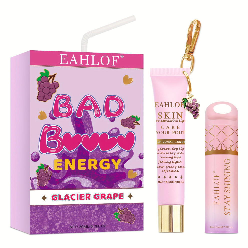(GLACIER GRAPE) 2pcs - Strawberry Lip Gloss Set - Nine Flavors - Bad Bat (Energy Lip Duo), Daily Makeup Moisturizing/Night Care,