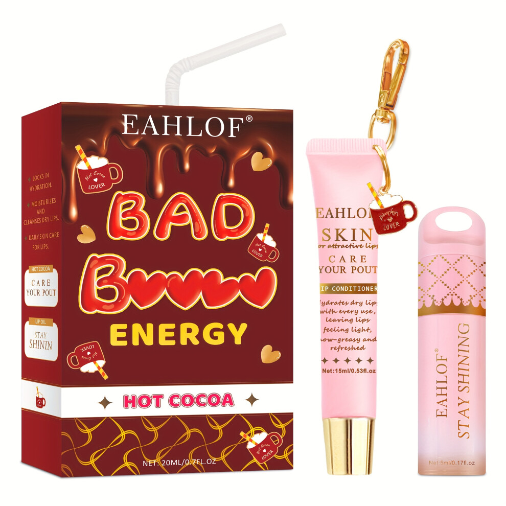 (HOT COCOA) 2pcs - Strawberry Lip Gloss Set - Nine Flavors - Bad Bat (Energy Lip Duo), Daily Makeup Moisturizing/Night Care,