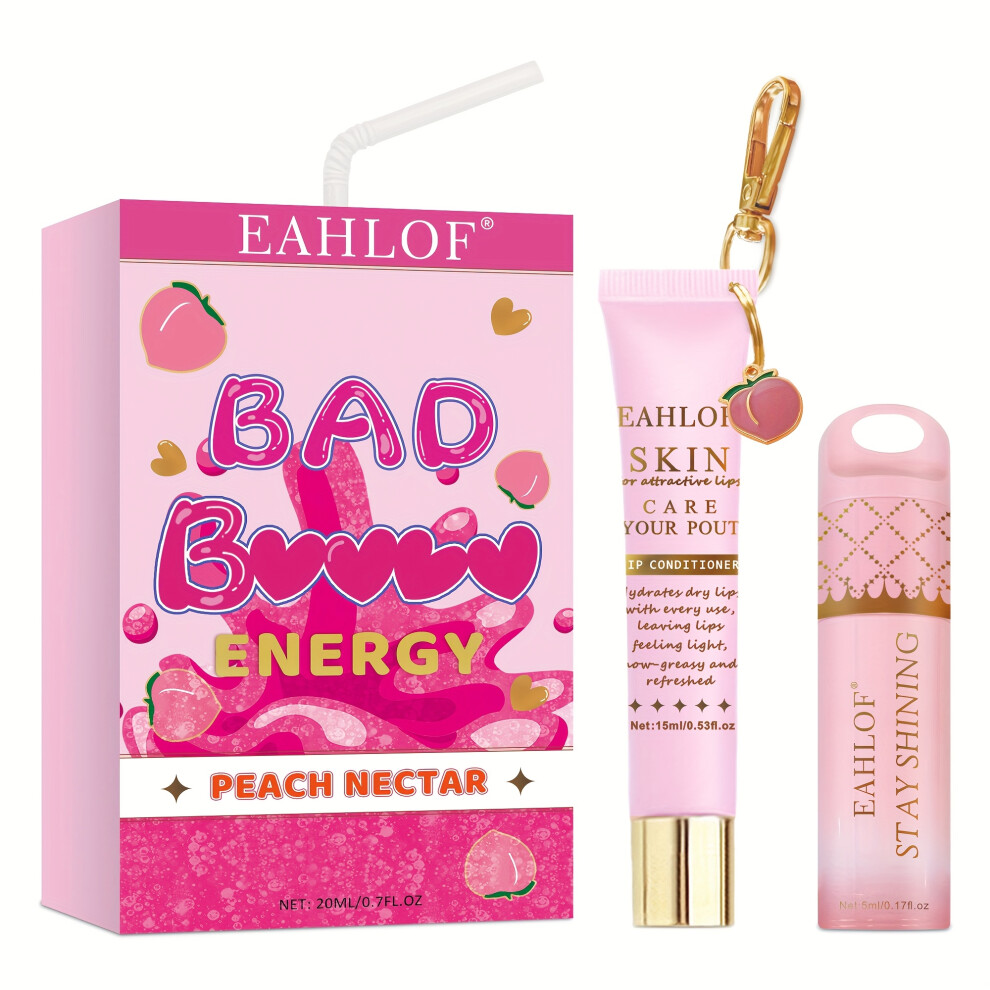 (PEACH NECTAR) 2pcs - Strawberry Lip Gloss Set - Nine Flavors - Bad Bat (Energy Lip Duo), Daily Makeup Moisturizing/Night Care,