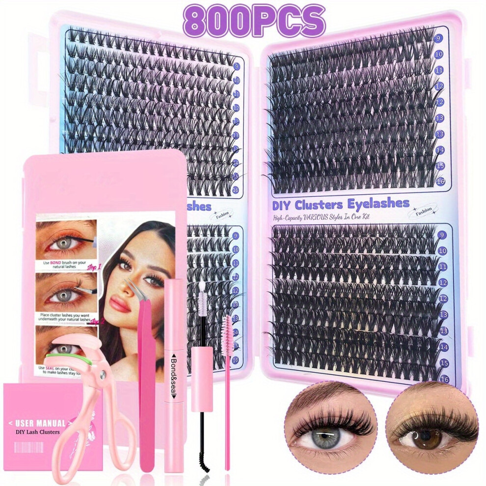 (800pcs-Gift Kit 3456D-800pcs) Eyelash Extensions Kit with Glue, Tweezers, Lash Brush & Curler, Natural & Eye Styles, Multiple Lengths, 0.07mm