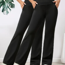 (Black black, 10) 2pcs Women's High-Waist Wide-Leg Flare Pants | Stretchy Elastic Waistband, Breathable Loose Fit for Yoga, Walking &