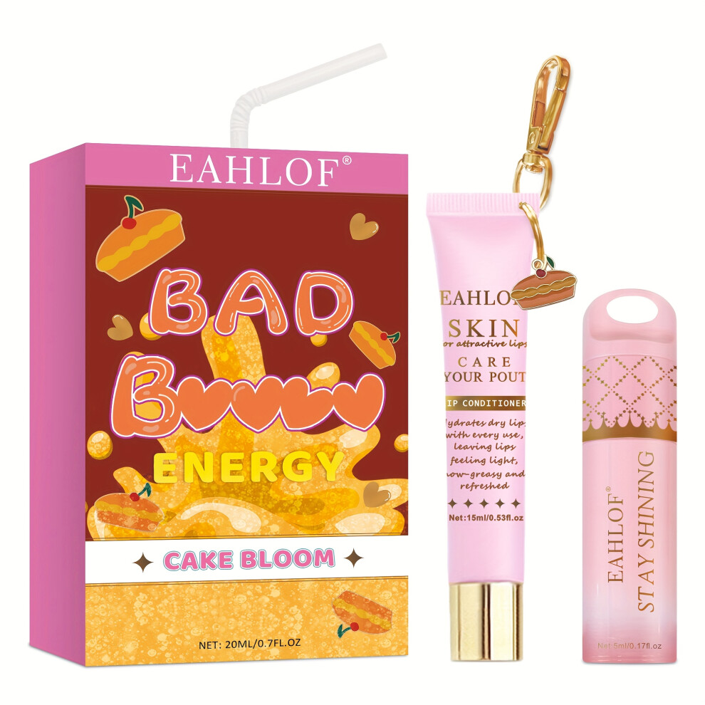 (CAKE BLOOM) 2pcs - Strawberry Lip Gloss Set - Nine Flavors - Bad Bat (Energy Lip Duo), Daily Makeup Moisturizing/Night Care,